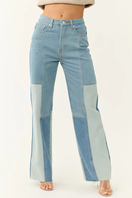 Medium Wash Colorblock Wide Leg Jeans - Signature8