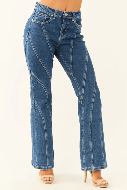Dark Wash Contrast Stitching Bootcut Jeans - Signature8