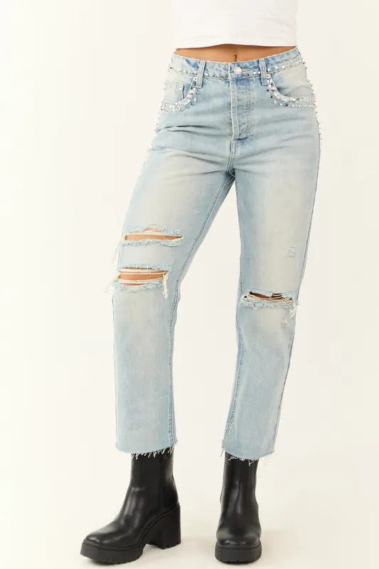 Light Wash Rhinestone Studded Straight Jeans - Signature8