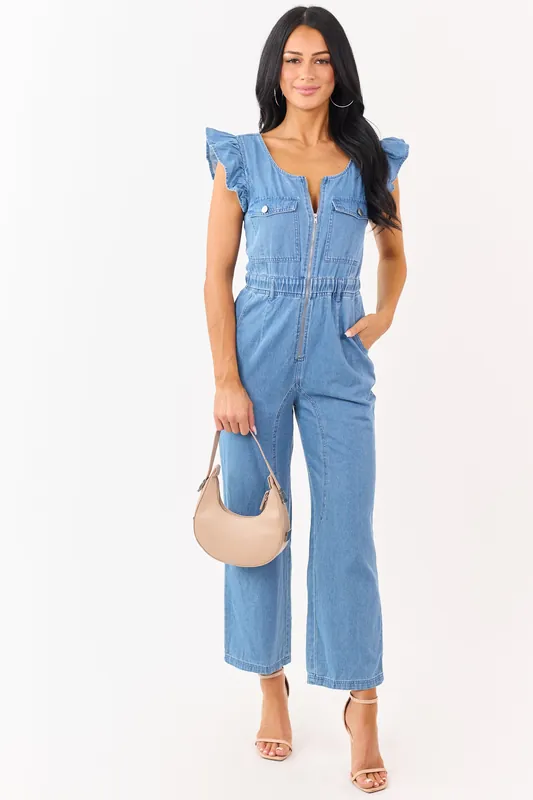 Medium Wash Denim Zip Up Ruffle Sleeve Jumpsuit - So Me