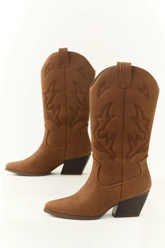 Sepia Embroidered Tall Western Boots - FORTUNE DYNAMIC