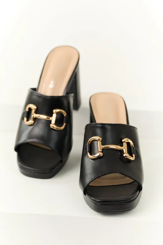 Black Slip On Gold Buckle Strap Block Heels - Berness