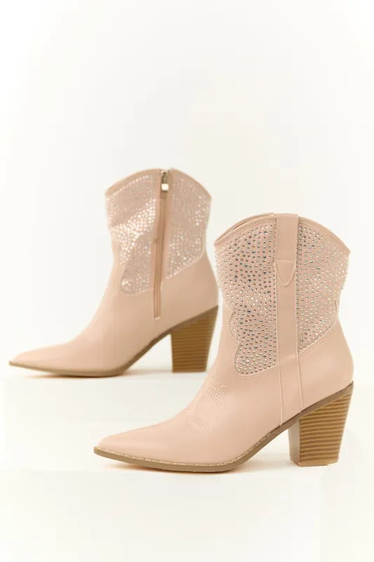 Pale Blush Rhinestone Embellished Western Booties - Berness
