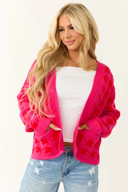 Fuchsia Houndstooth Long Sleeve Cardigan - Jodifl