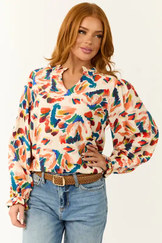 Cream Abstract Print Long Sleeve Frill Top - Jodifl