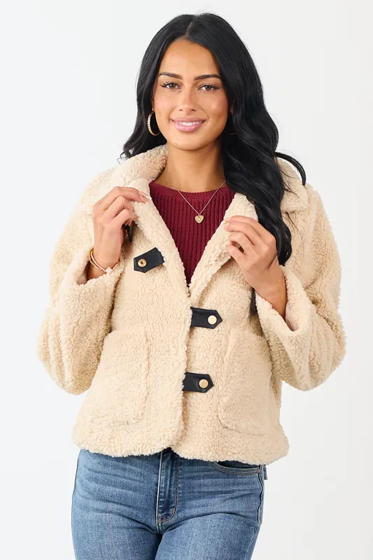 Cream Sherpa Long Sleeve Button Down Jacket - Jodifl