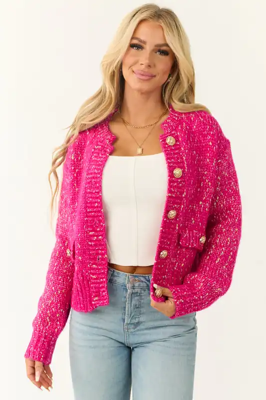 Fuchsia Speckled Yarn Knit Button Up Thick Cardigan - Jodifl