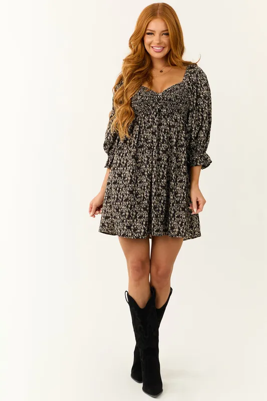 Black Print Sweetheart Neck Short Dress - Promesa