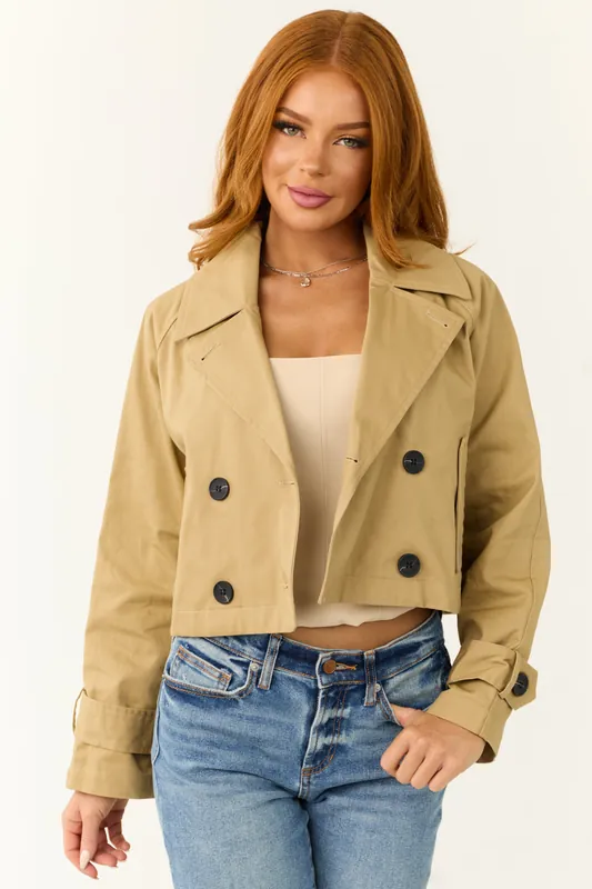 Latte Long Sleeve Buttoned Crop Trench Jacket - glam