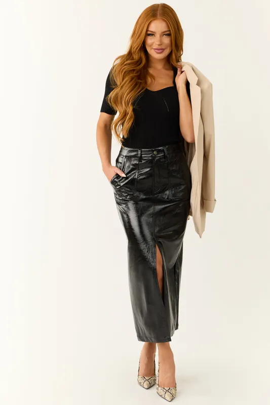 Black Shiny Faux Leather Front Slit Midi Skirt - Mustard Seed