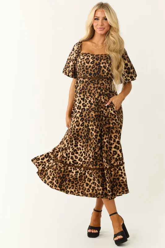 Camel Leopard Print Puff Sleeve Midi Dress - entro