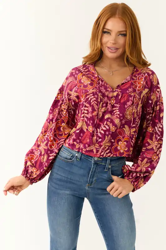 Berry Floral Print Long Sleeve Front Tie Top - Day + Moon
