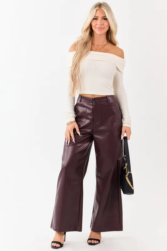 Lovelo Chocolate Faux Leather Wide Leg Pants - GeeGee