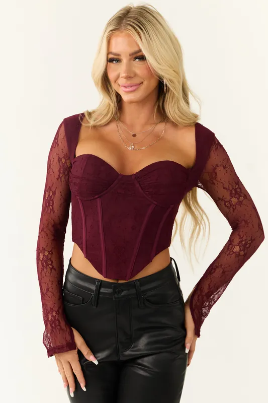 Maroon Long Sleeve Lace Cropped Corset Top - Fore Collection