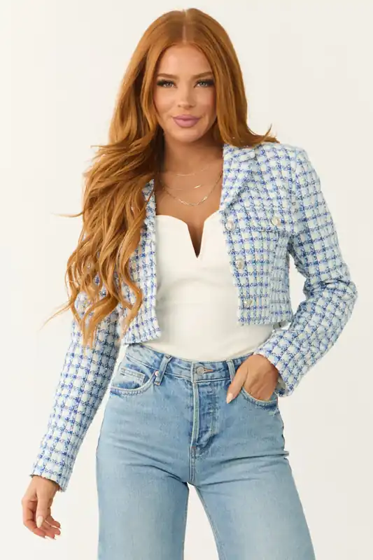 Sky Blue Tweed Plaid Button Down Cropped Jacket - Fore Collection