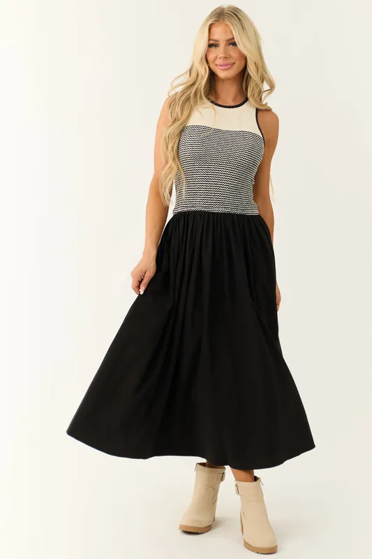 Black and Cream Sleeveless Striped Midi Dress - Heyson