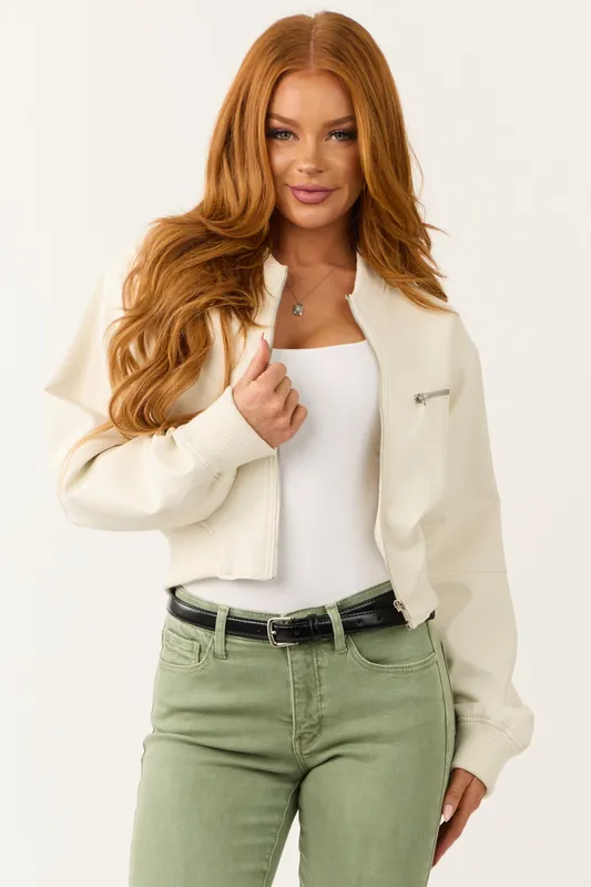 Ivory Faux Leather Zip Up Bomber Jacket - HYFVE