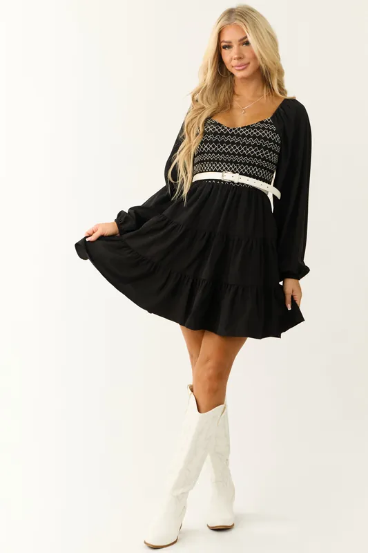 Black Contrast Smocked Long Sleeve Mini Dress - In February