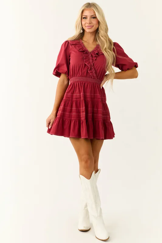 Burgundy Tiered Ruffle Surplice Wrap Mini Dress - Baby Pink