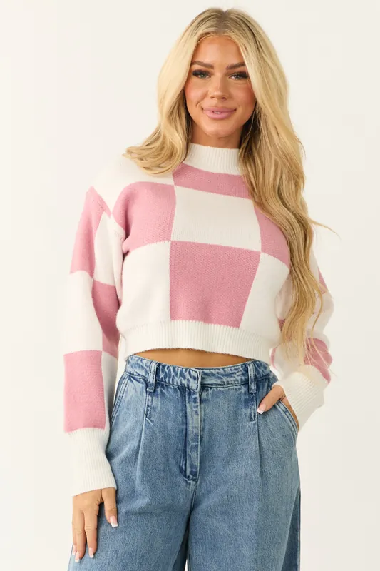 Bubblegum and Ivory Checkered Crop Sweater - Paper Moon