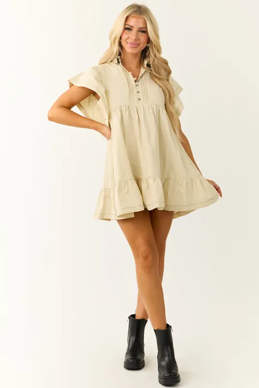 Cream Flutter Sleeve Button Up Short Dress - Baby Pink
