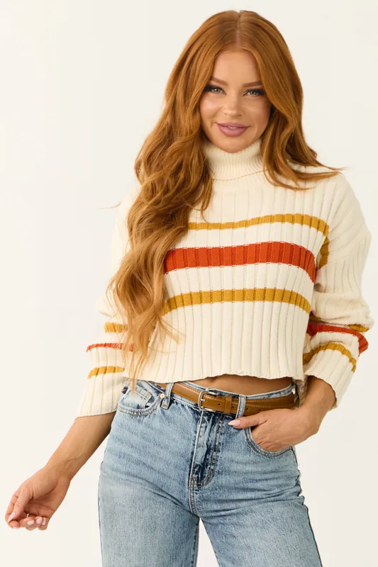 Cream Striped Turtleneck Cropped Sweater - Paper Moon