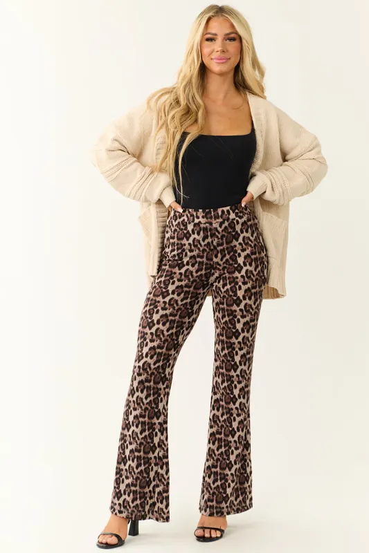 Almond Leopard Print Flare Leg Soft Knit Pants - Paper Moon