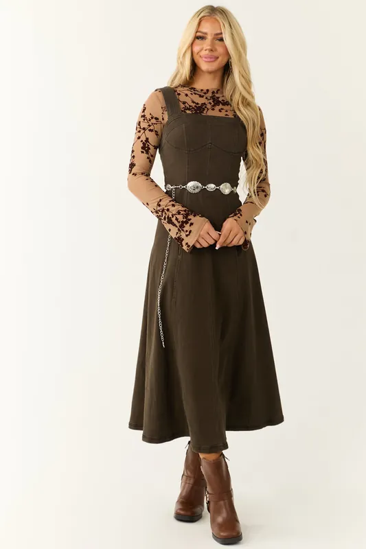 Dark Army Green Denim Thick Strap Midi Dress - Baby Pink