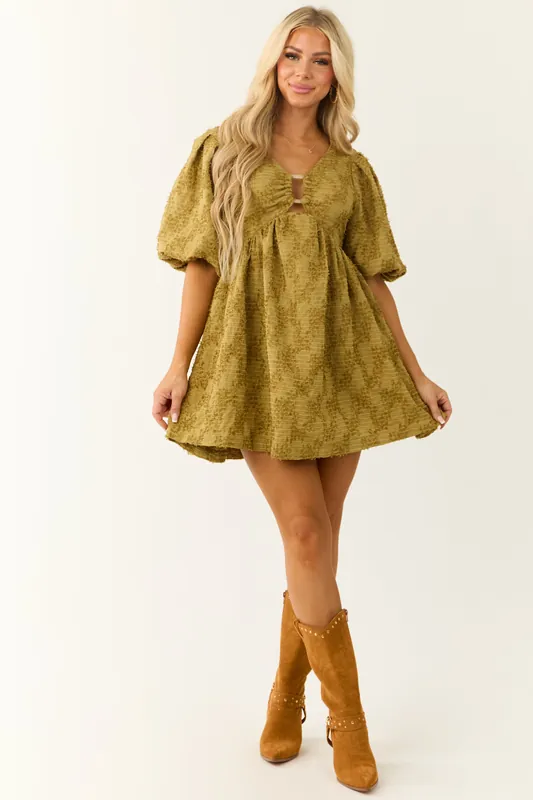 Olive Textured Half Puff Sleeve Mini Dress - Baby Pink