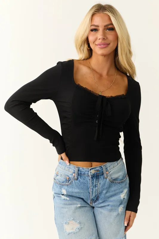 Black Front Tie Detail Ruched Long Sleeve Top - Baby Pink