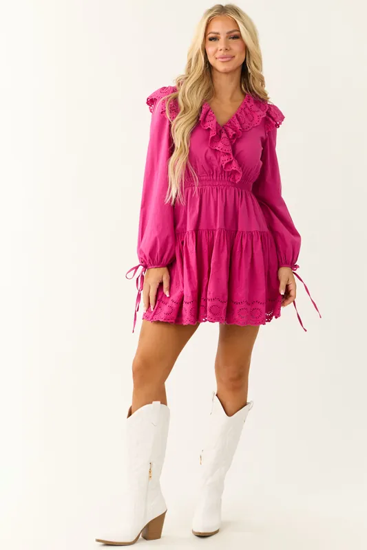 Fuchsia Long Sleeve Eyelet Detail Mini Dress - Baby Pink