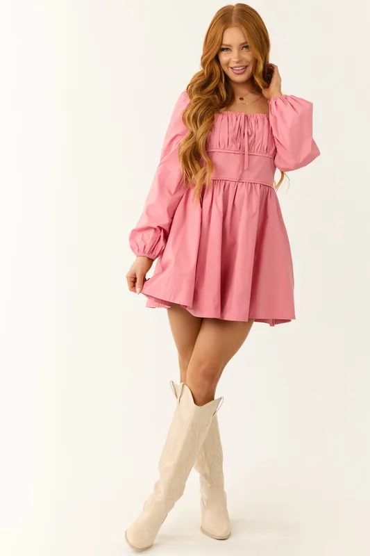Light Punch Long Sleeve Tie Front Short Dress - Baby Pink