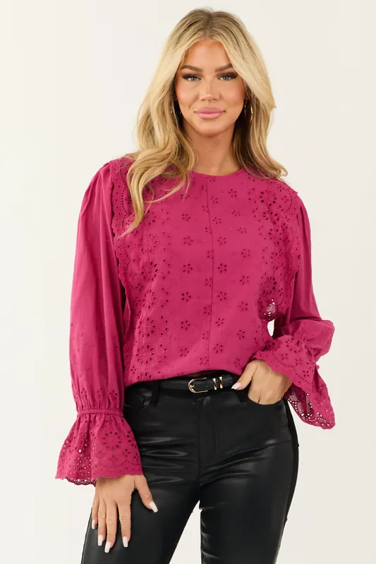 Fuchsia Eyelet Lace Long Sleeve Top with Tie Back - Baby Pink