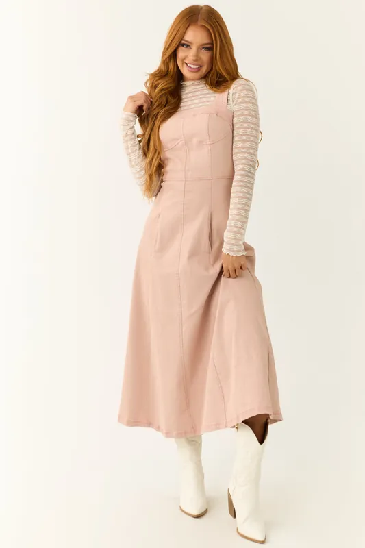 Blush Denim Thick Strap Midi Dress - Baby Pink