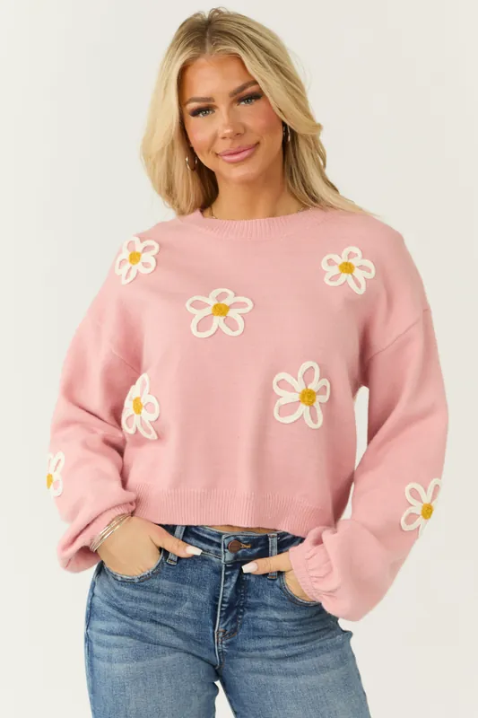 Carnation Floral Embroidered Puff Sleeve Sweater - GeeGee