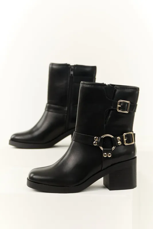 Black Buckle Strap Chunky Heel Booties - FORTUNE DYNAMIC