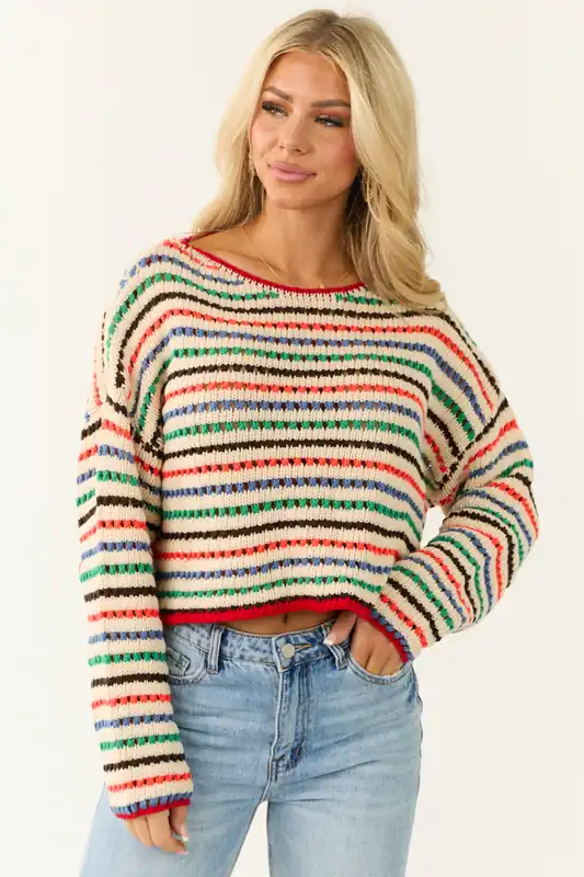 Cream Multicolor Striped Open Crochet Sweater - HYFVE