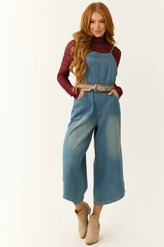 Medium Wash Denim Wide Leg Overalls Jumpsuit - Mittoshop