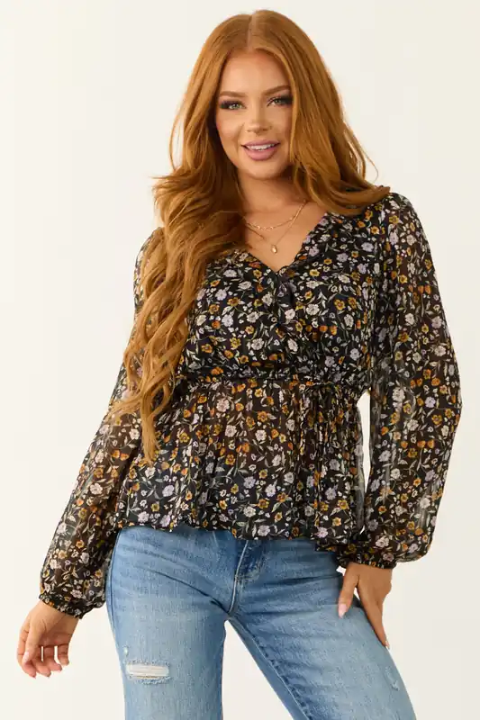 Black Flower Print Surplice Front Peplum Blouse - Mittoshop