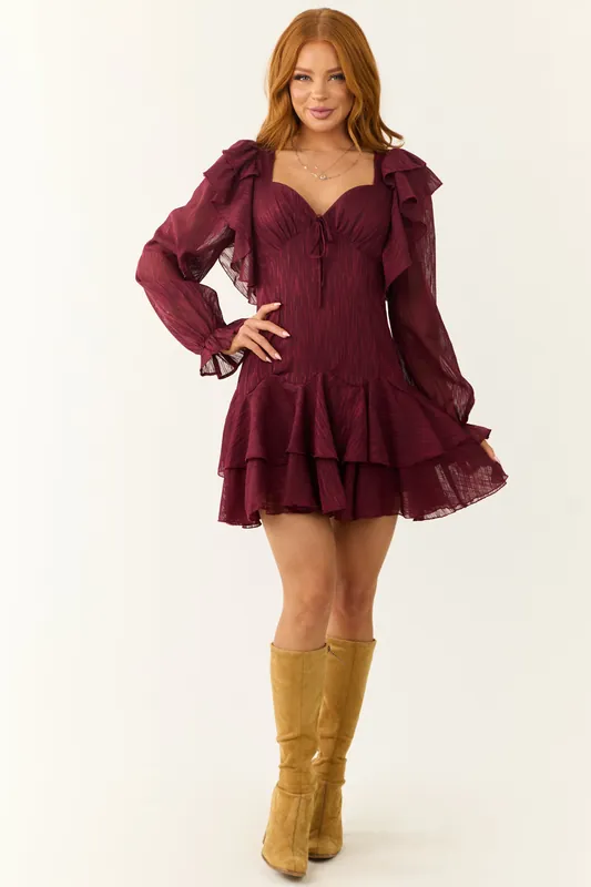 Maroon Sweetheart Neck Long Sleeve Short Dress - Baby Pink