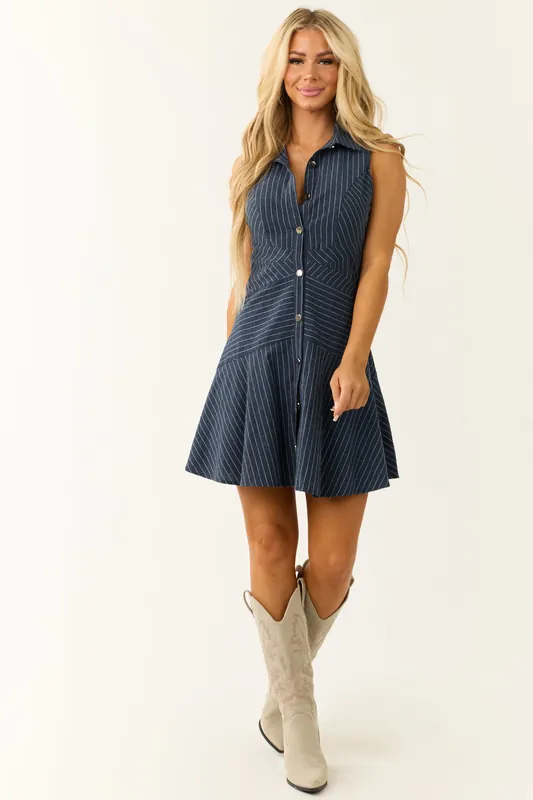 Navy Pinstripe Button Up Linen Short Dress - Baby Pink
