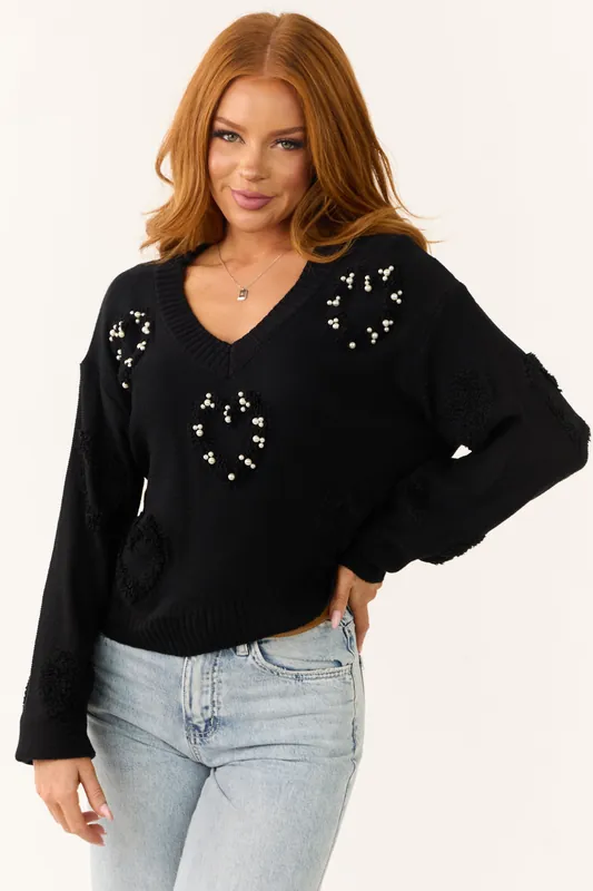 Black Pearl Detail Long Sleeve V Neck Sweater - Style Melody