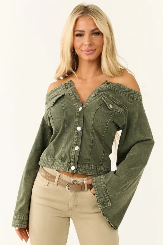 Washed Army Green Off the Shoulder Denim Jacket - Baby Pink