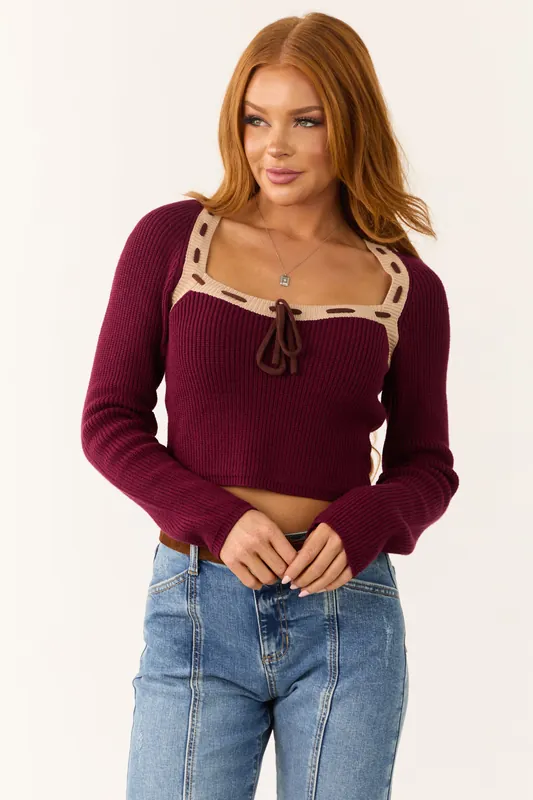 Wine Contrast Square Neck Cropped Sweater - Blue Blush