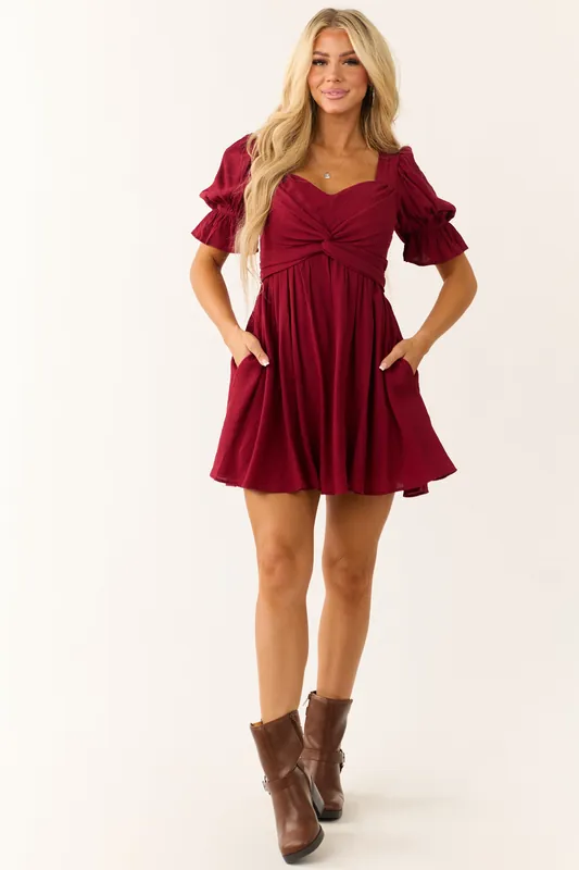 Wine Half Puff Sleeve Short Dress with Waist Tie - Baby Pink