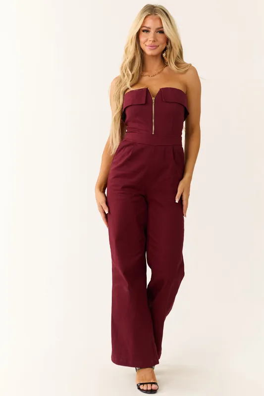 Wine Strapless Zip Up Front Jumpsuit - Baby Pink