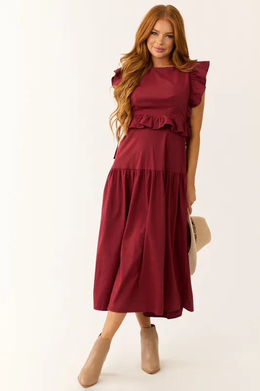 Maroon Ruffle Sleeve Midi Dress with Back Tie - Baby Pink