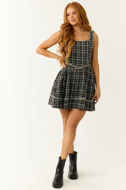 Black and White Plaid Tweed Sleeveless Short Dress - B Right