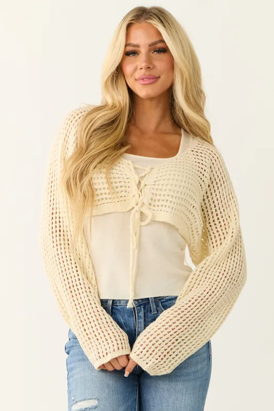 Cream Open Crochet Cropped Cardigan with Tank Top - mello