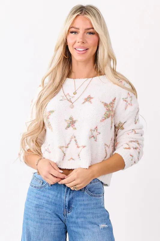 Mello Ivory Star Pattern Fuzzy Knit Sweater